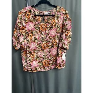 Ophelia Roe. Blouse Top Women 2X Multicolor Floral Long Ruched Sleeve Preppy B67